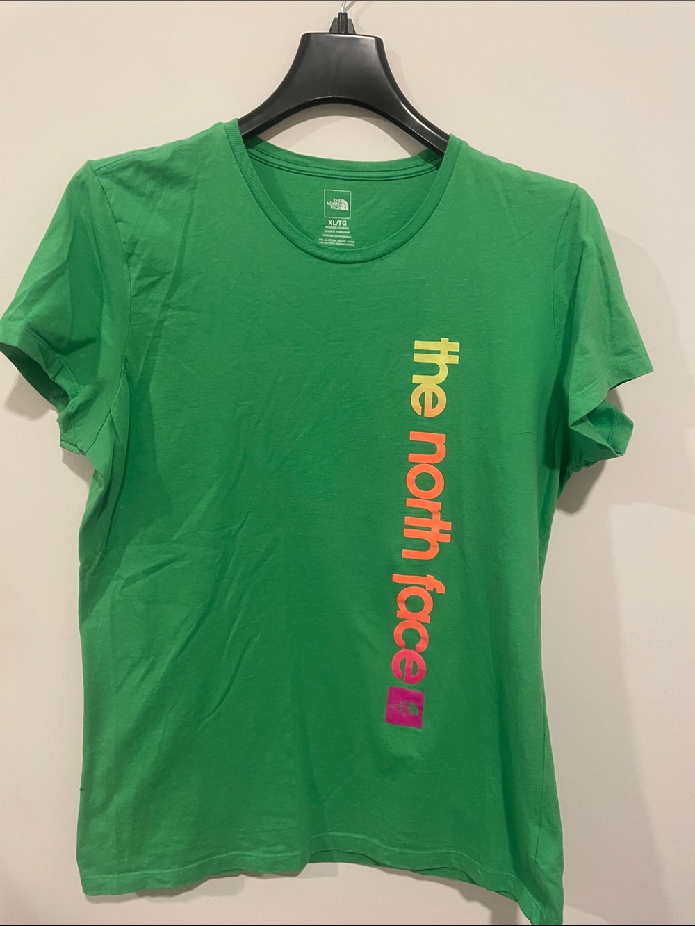 The North Face Women's Bright Green Tee with Multicolor Vertical Logo